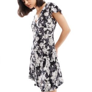 ASOS Black and White Floral Flutter Sleeve V-Neck Mini Dress